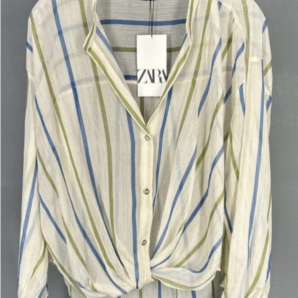 Zara Women's Striped Blue and Green Top Size XL - BRAND NEW WITH TAG